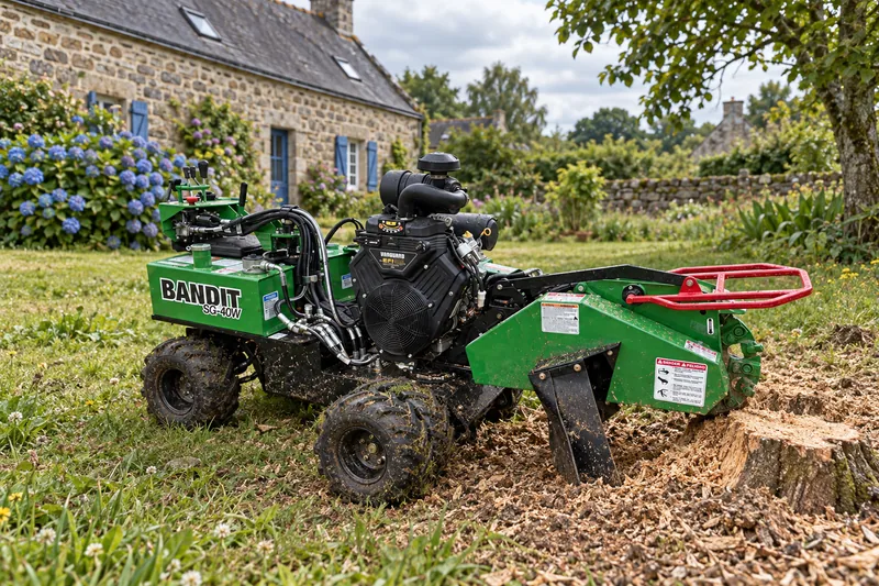 Illustration : Bandit SG-40W verte à côté d’une souche, devant une longère et des hortensias
