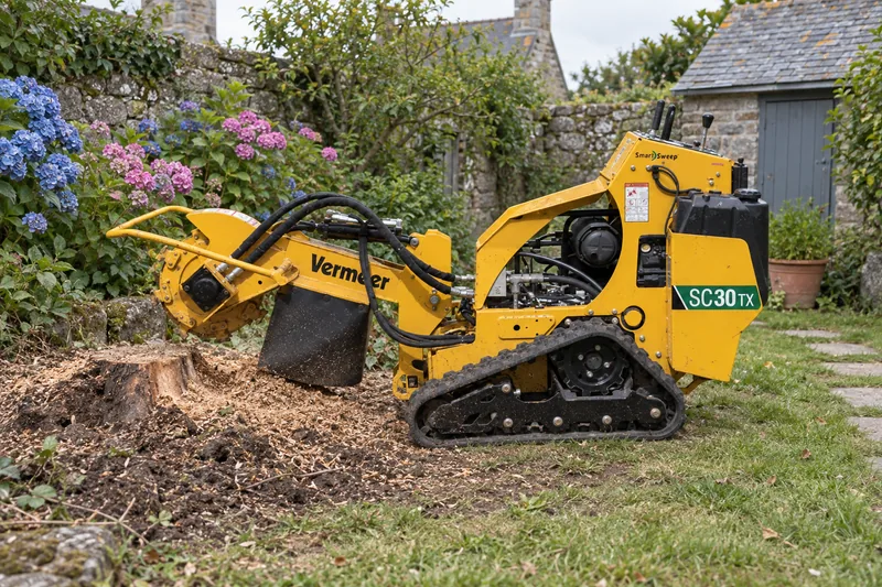 Rogneuse compacte dans un jardin bordé de plantations